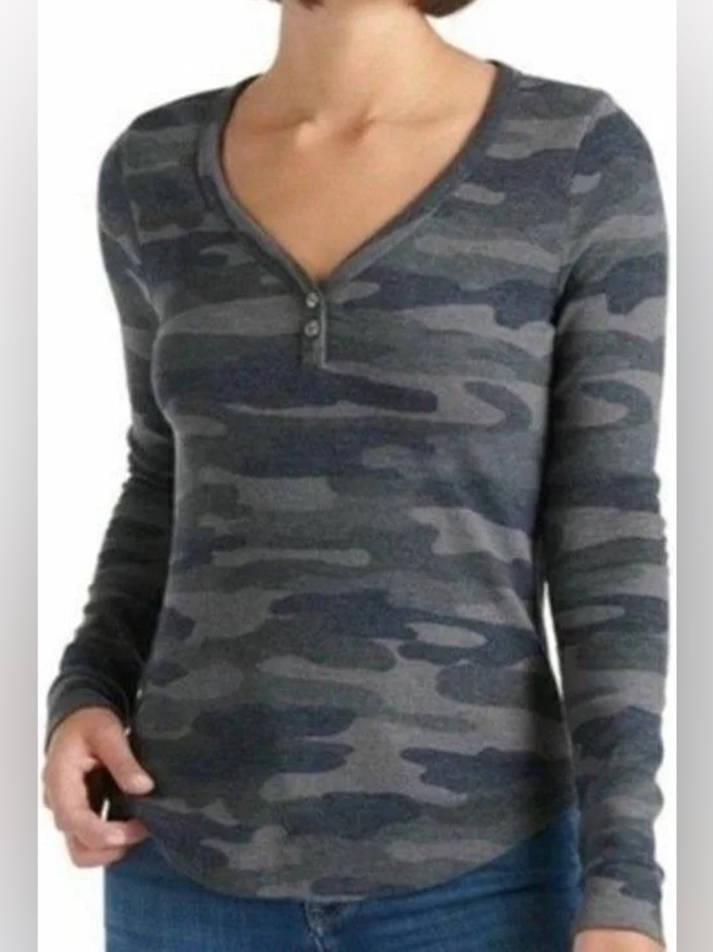 Lucky Brand Camo Long Sleeve Henley in Green & Black